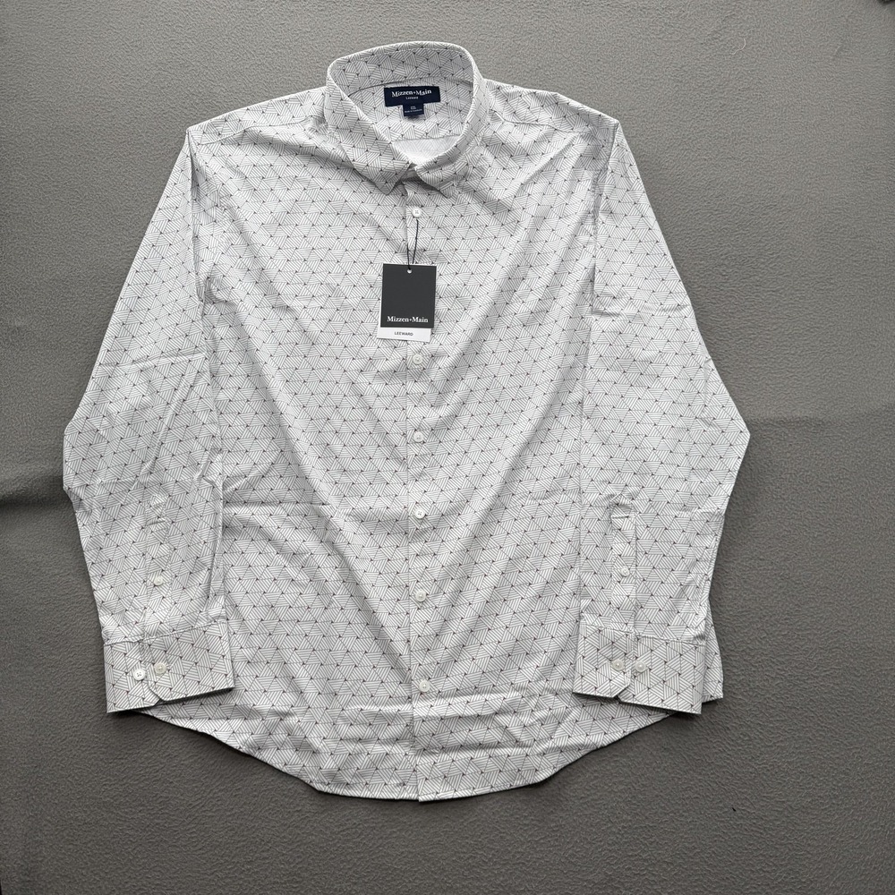 Mizzen+Main Leeward Shirt Mens 2XL‎ White Geometric Trim Fit Stretch Dress